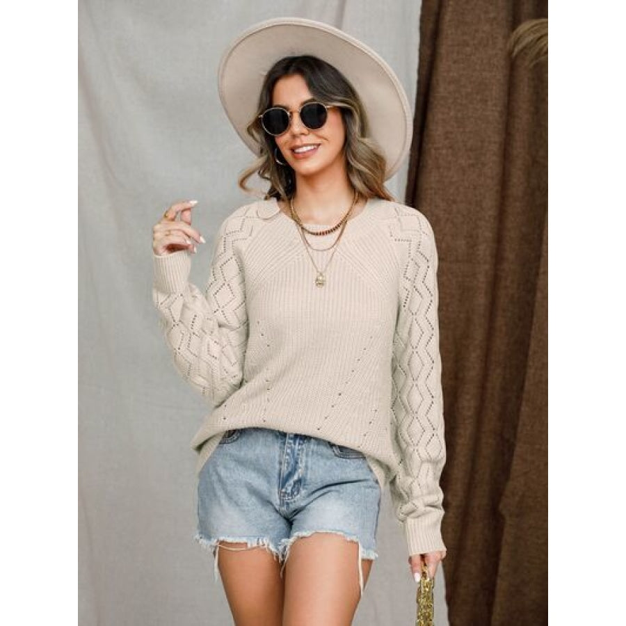 Openwork Round Neck Raglan Sleeve Sweater Apparel and Accessories