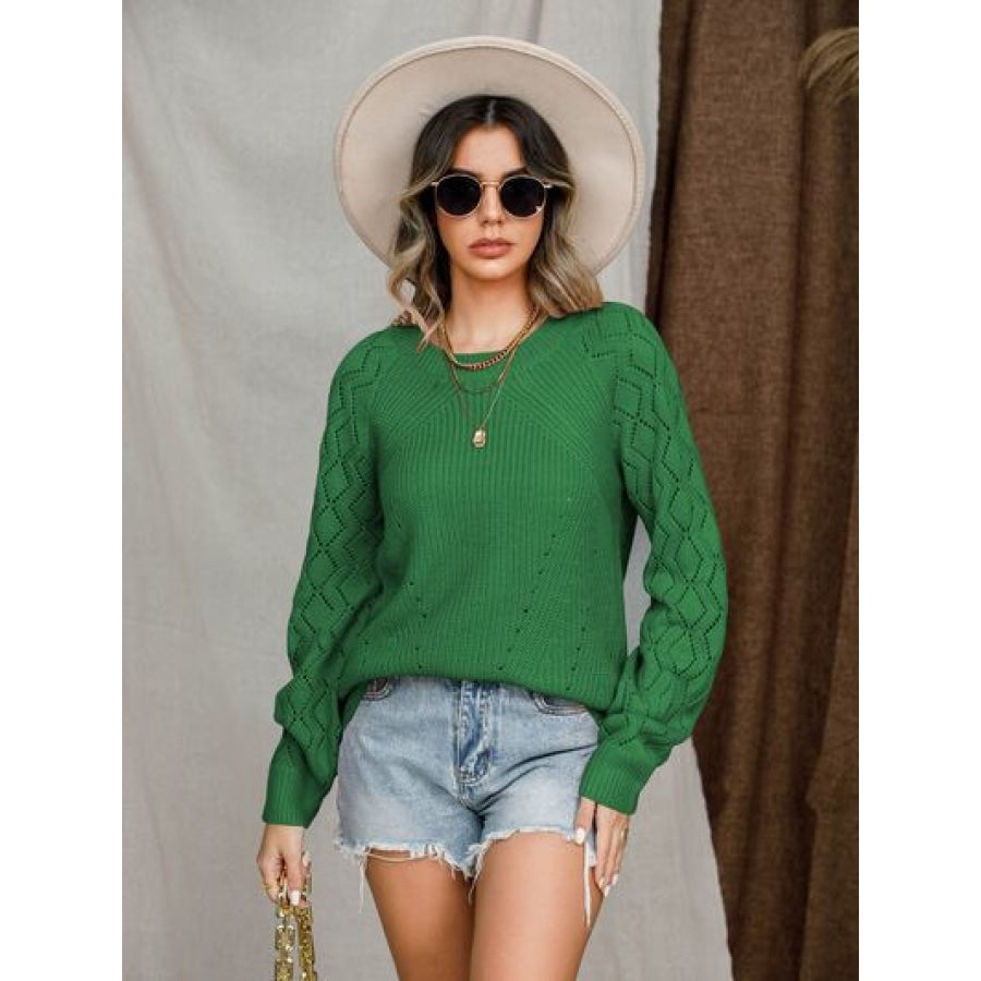 Openwork Round Neck Raglan Sleeve Sweater Apparel and Accessories