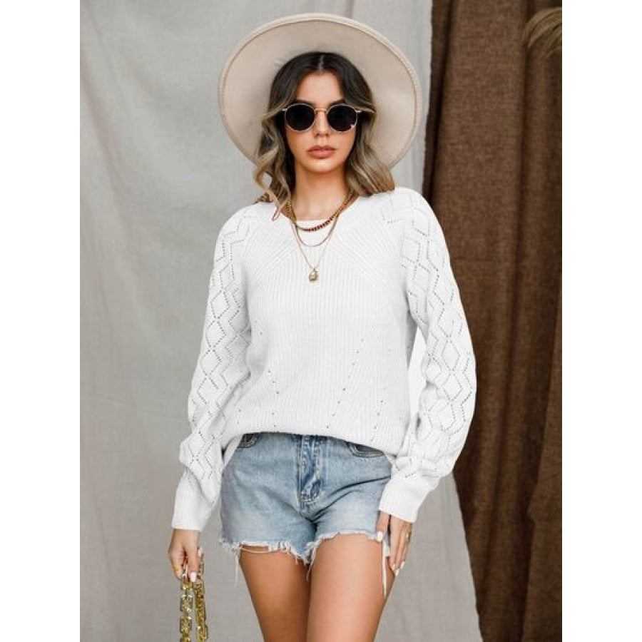 Openwork Round Neck Raglan Sleeve Sweater Apparel and Accessories