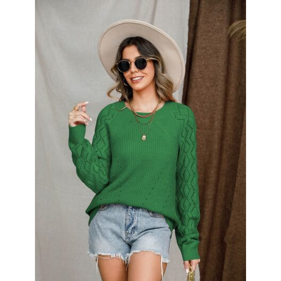 Openwork Round Neck Raglan Sleeve Sweater Apparel and Accessories