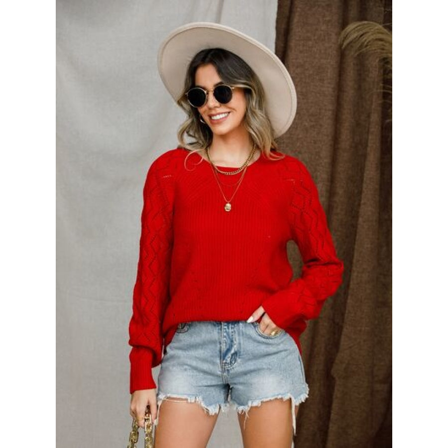 Openwork Round Neck Raglan Sleeve Sweater Deep Red / S Apparel and Accessories