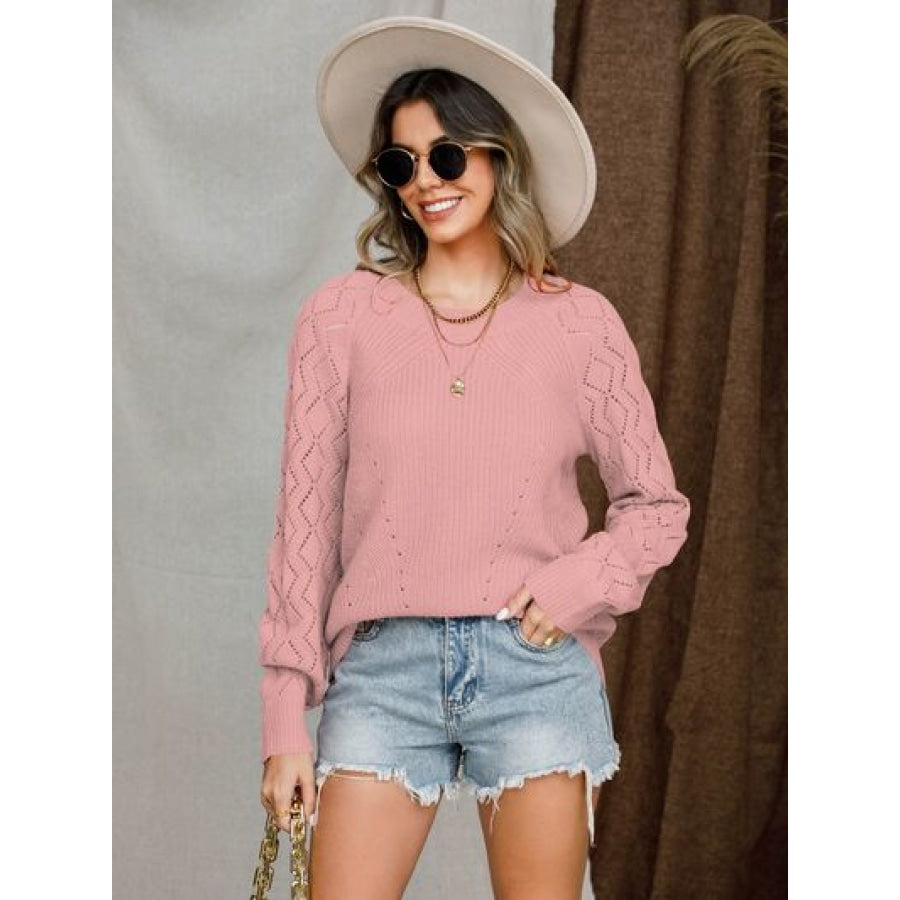 Openwork Round Neck Raglan Sleeve Sweater Light Mauve / S Apparel and Accessories