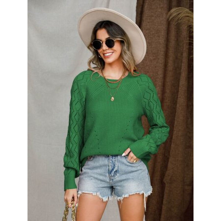 Openwork Round Neck Raglan Sleeve Sweater Mid Green / S Apparel and Accessories