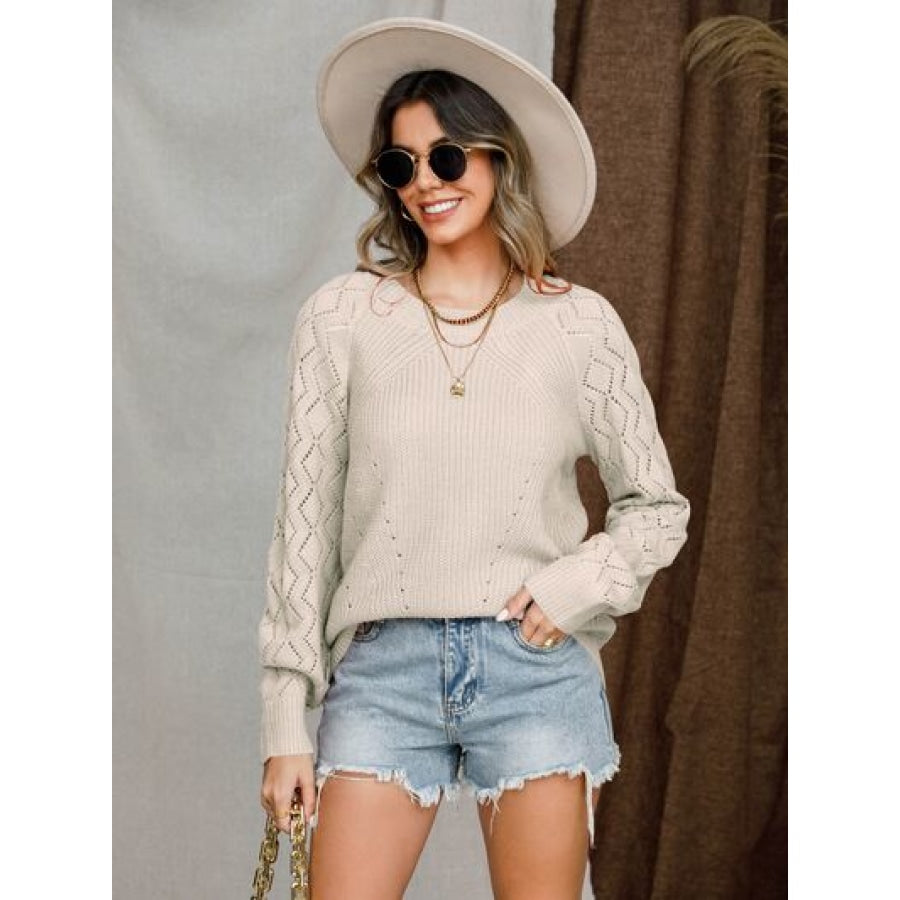 Openwork Round Neck Raglan Sleeve Sweater Sand / S Apparel and Accessories