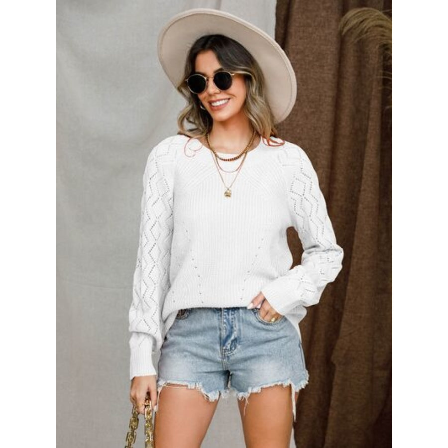 Openwork Round Neck Raglan Sleeve Sweater White / S Apparel and Accessories