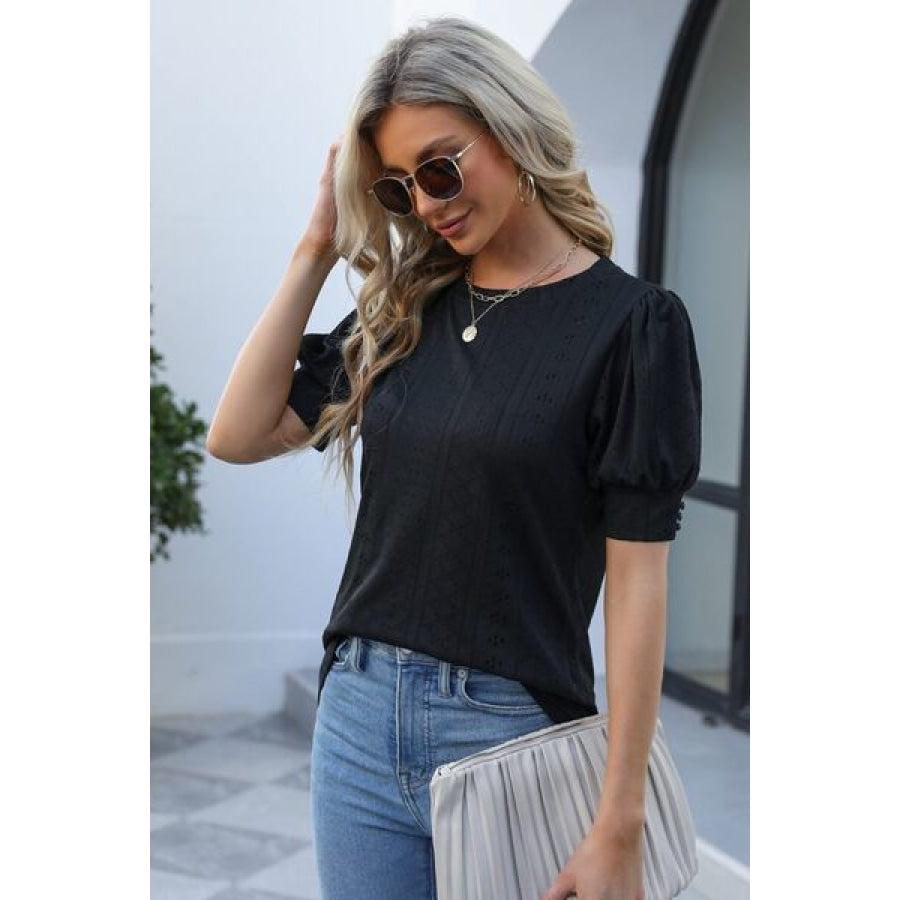 Openwork Round Neck Short Sleeve Blouse Black / S Clothing