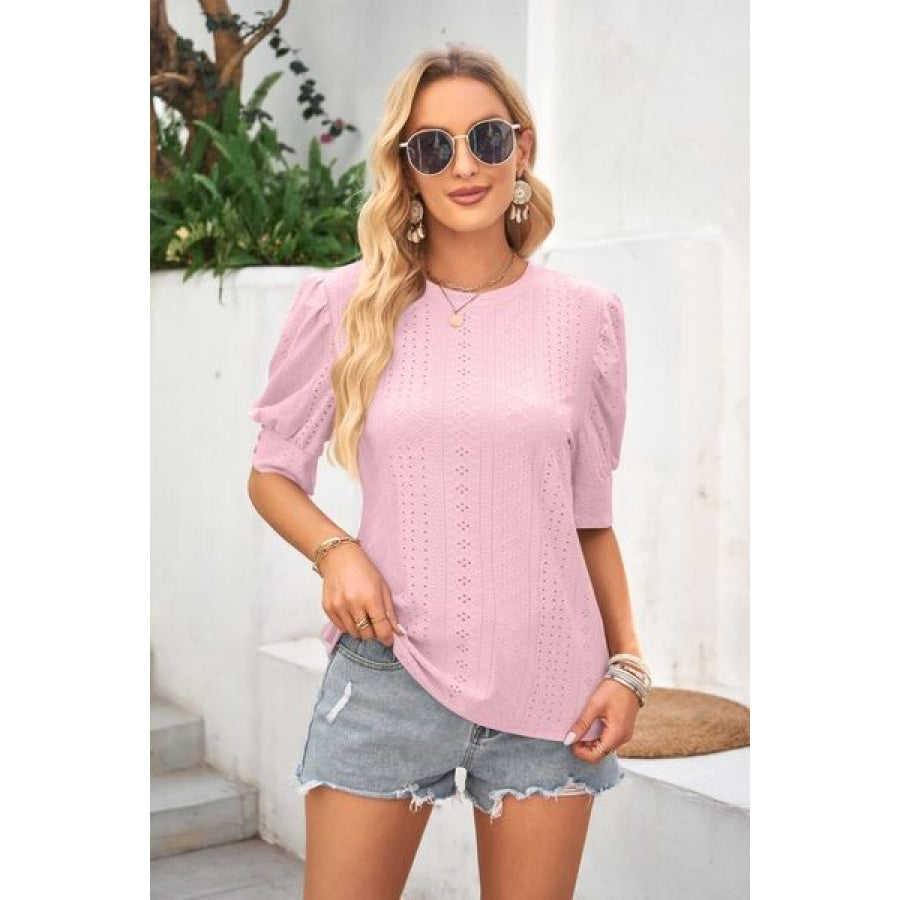 Openwork Round Neck Short Sleeve Blouse Blush Pink / S Clothing