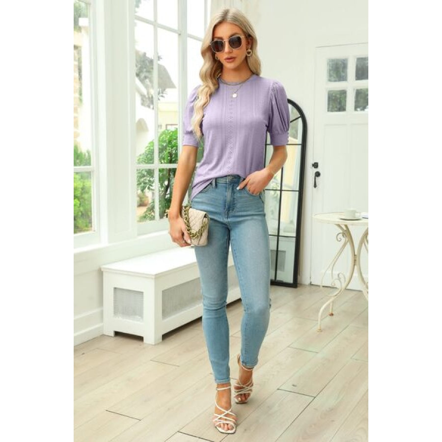 Openwork Round Neck Short Sleeve Blouse Clothing