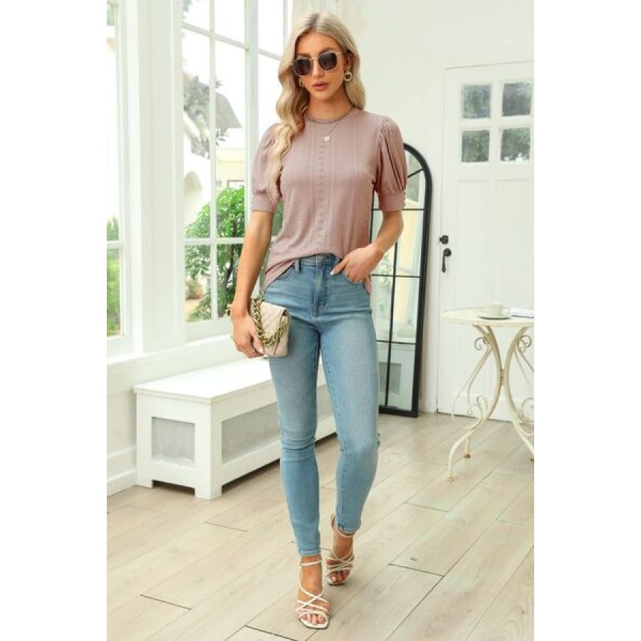 Openwork Round Neck Short Sleeve Blouse Clothing