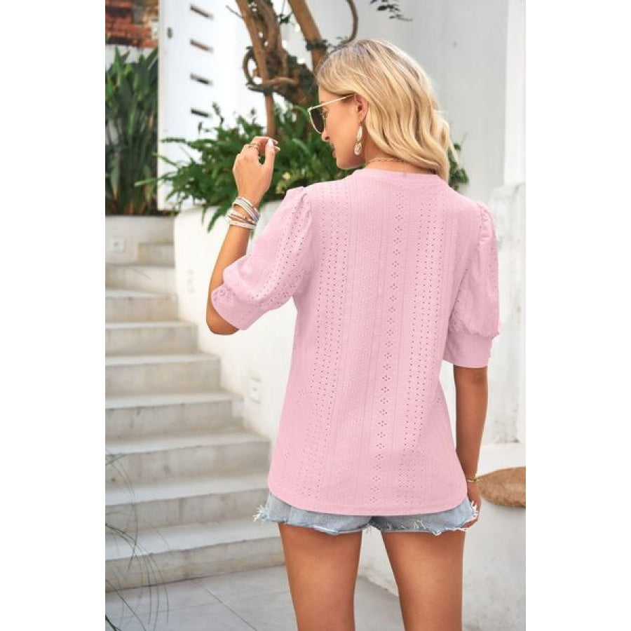 Openwork Round Neck Short Sleeve Blouse Clothing