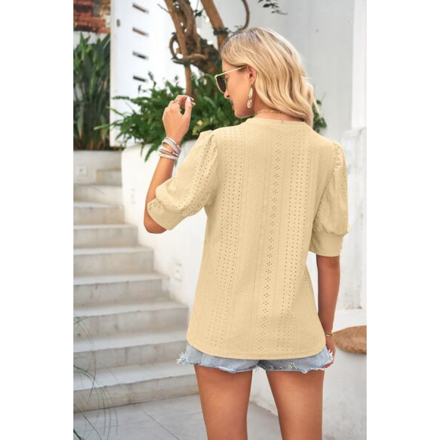 Openwork Round Neck Short Sleeve Blouse Clothing