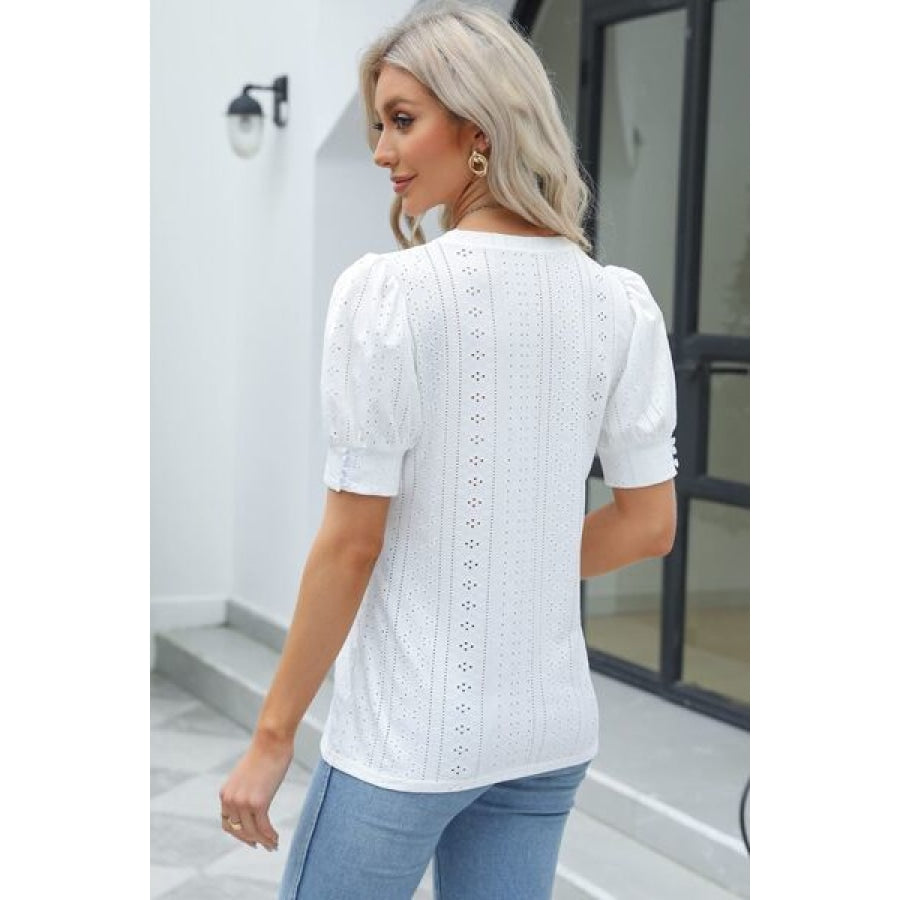 Openwork Round Neck Short Sleeve Blouse Clothing