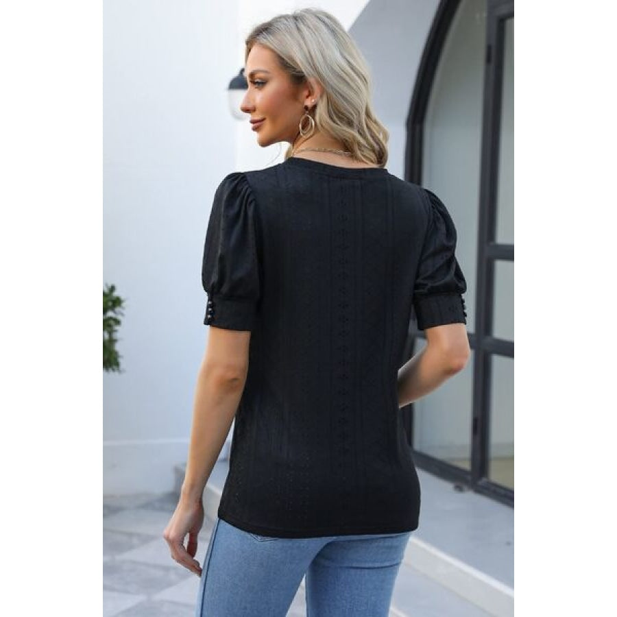 Openwork Round Neck Short Sleeve Blouse Clothing