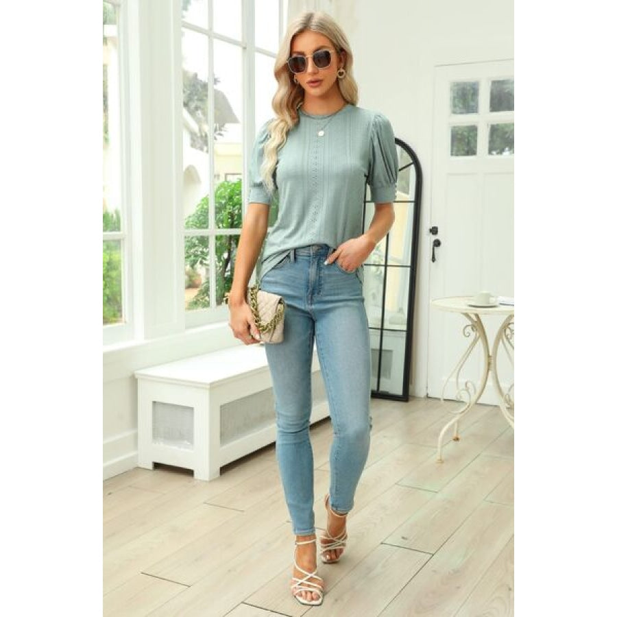 Openwork Round Neck Short Sleeve Blouse Clothing