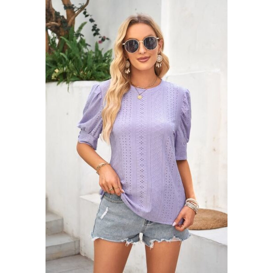 Openwork Round Neck Short Sleeve Blouse Lavender / S Clothing