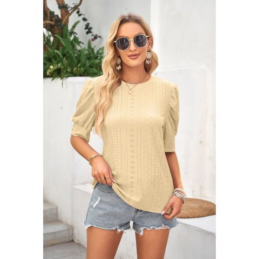 Openwork Round Neck Short Sleeve Blouse Pastel Yellow / S Clothing