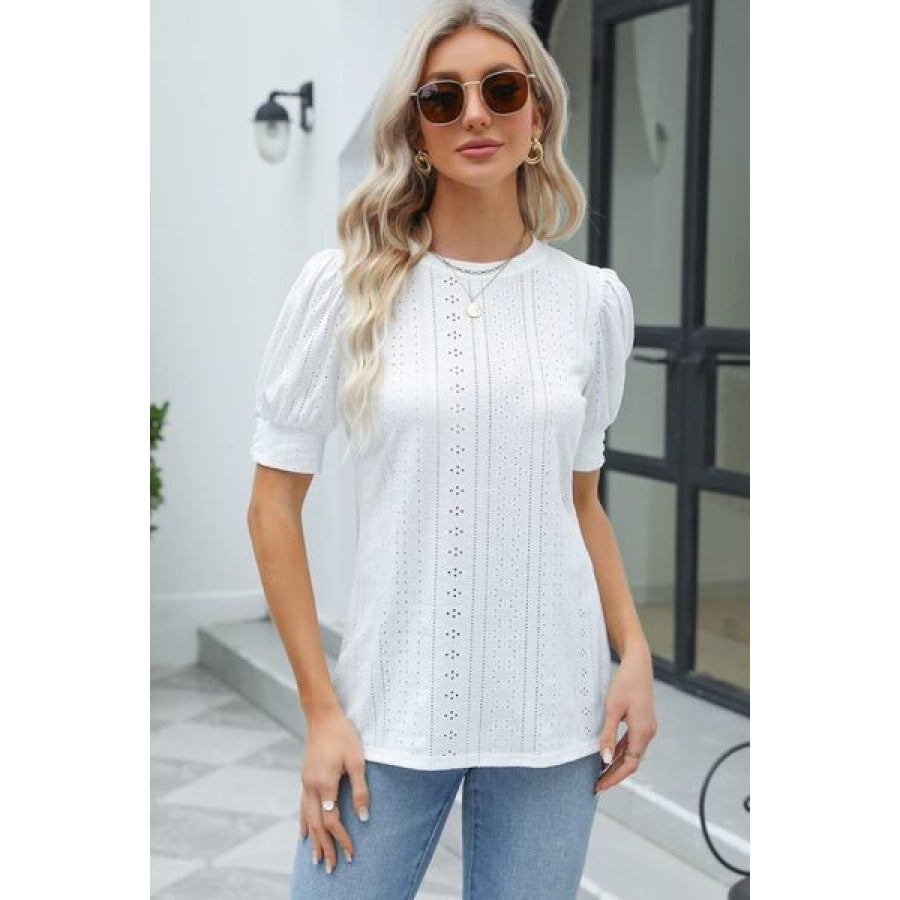 Openwork Round Neck Short Sleeve Blouse White / S Clothing