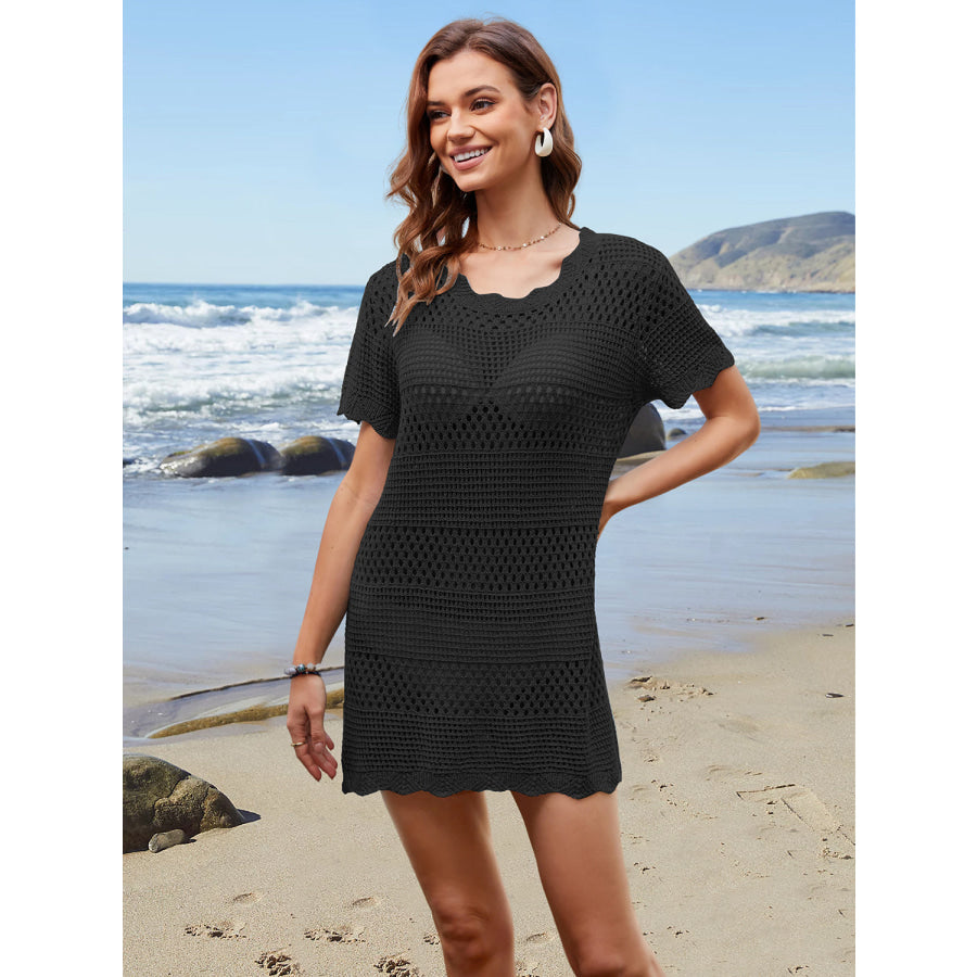 Openwork Round Neck Short Sleeve Cover-UP Apparel and Accessories