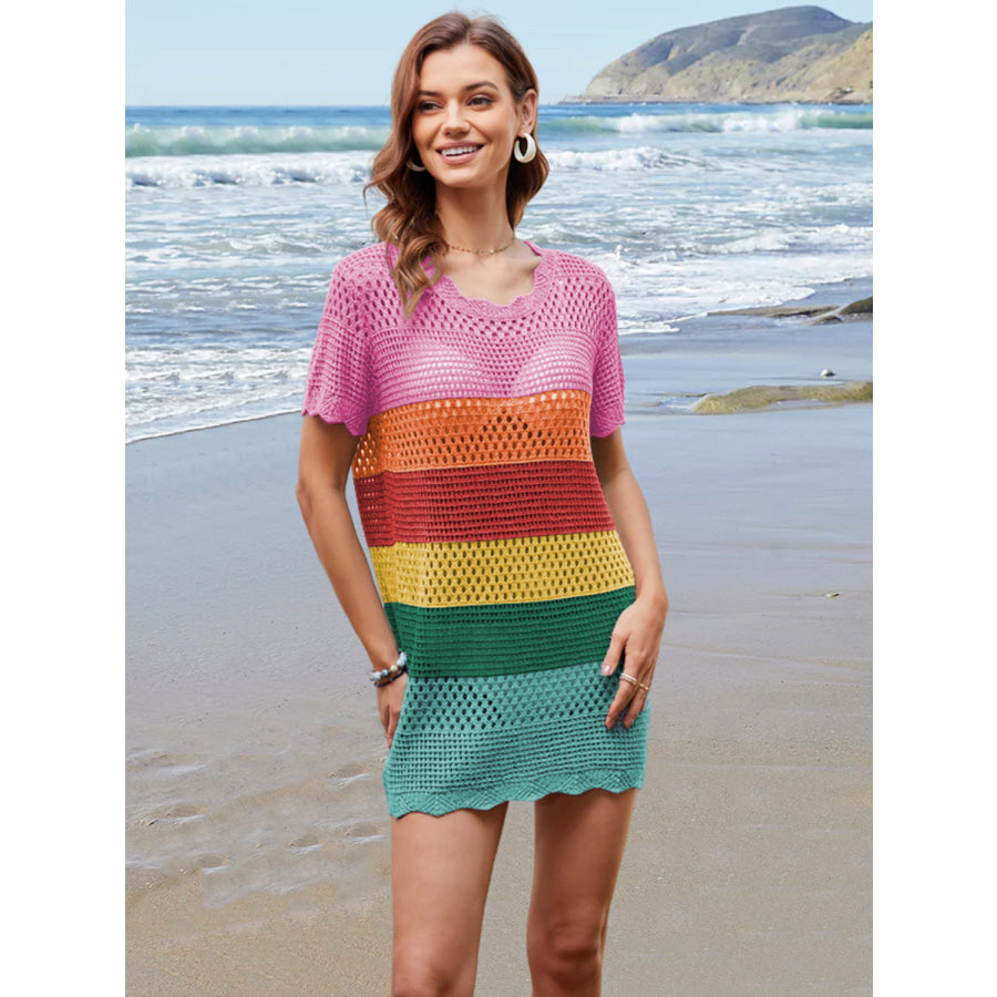 Openwork Round Neck Short Sleeve Cover-UP Apparel and Accessories