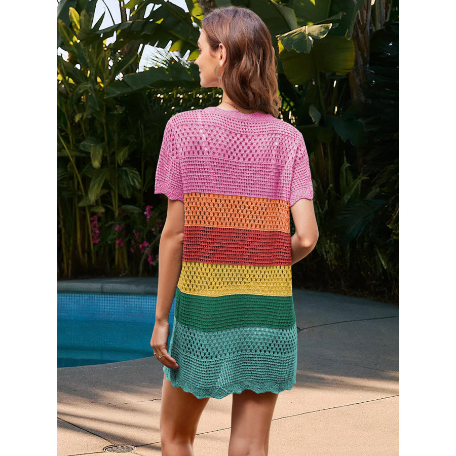 Openwork Round Neck Short Sleeve Cover-UP Rainbow / S Apparel and Accessories