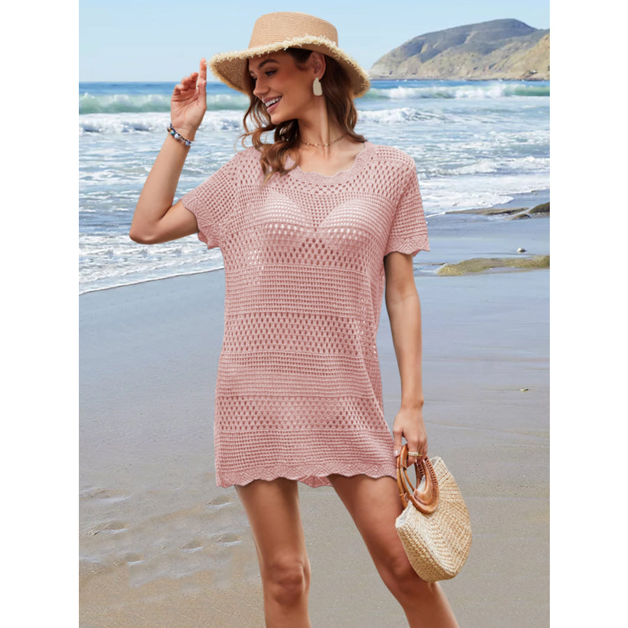 Openwork Round Neck Short Sleeve Cover-UP Apparel and Accessories