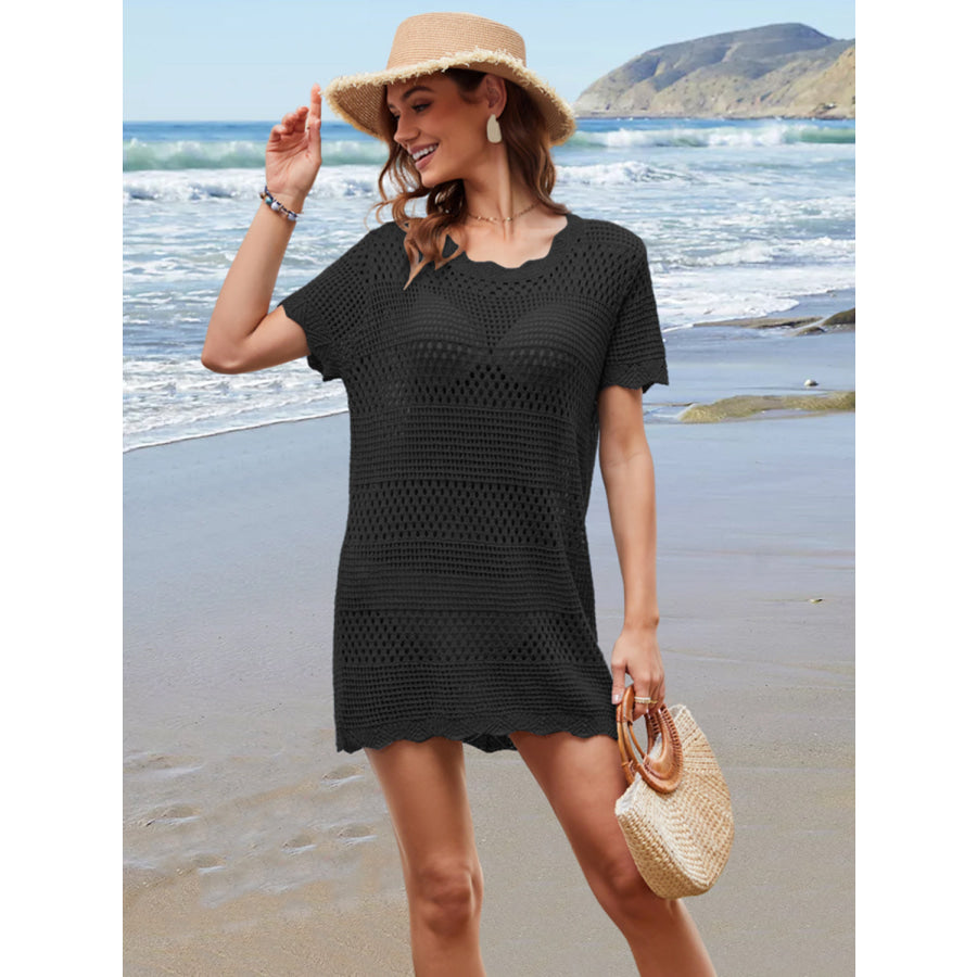 Openwork Round Neck Short Sleeve Cover-UP Apparel and Accessories