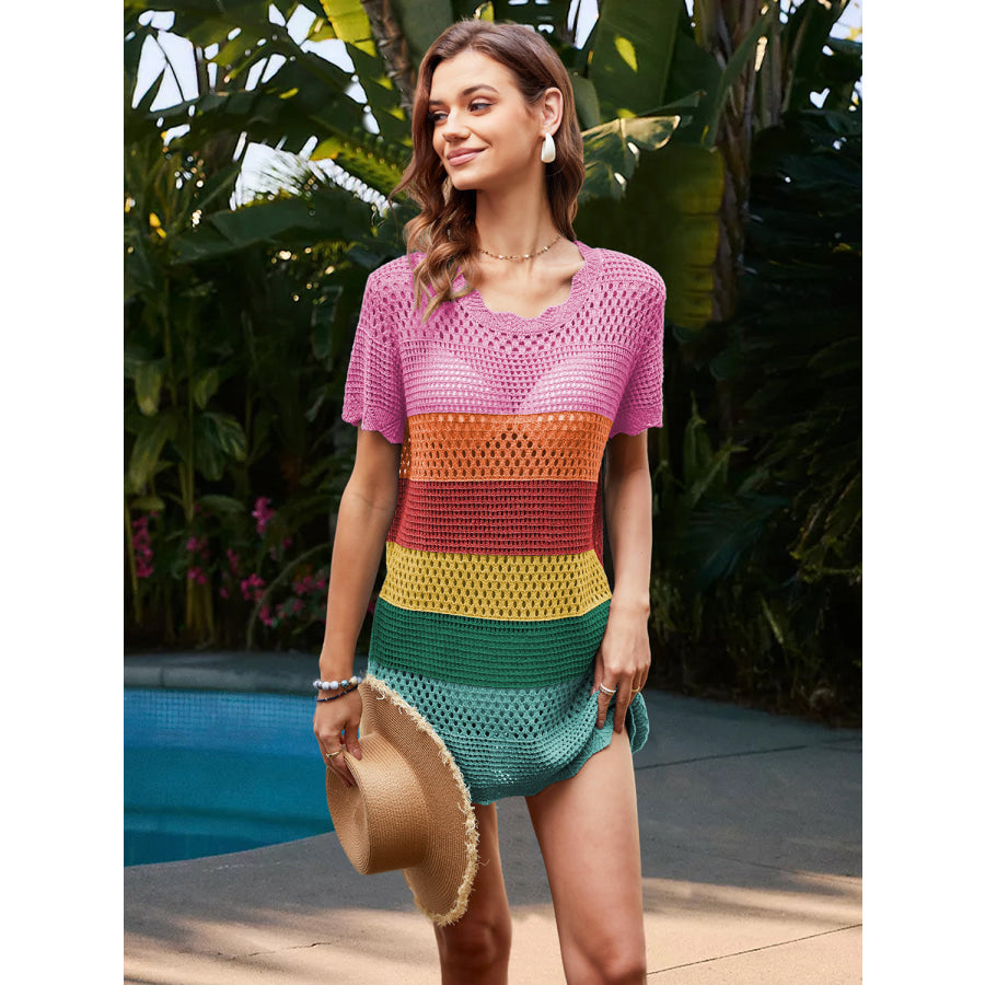 Openwork Round Neck Short Sleeve Cover-UP Apparel and Accessories