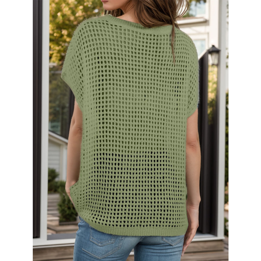 Openwork Round Neck Short Sleeve Cover-Up Moss / S Apparel and Accessories