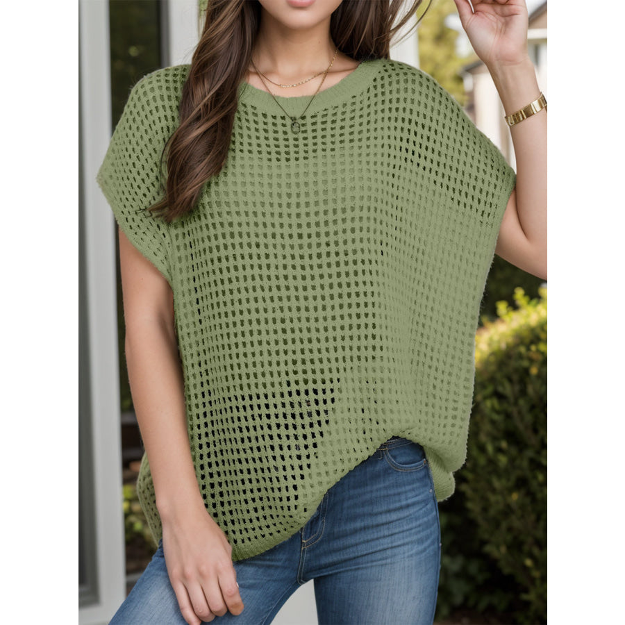 Openwork Round Neck Short Sleeve Cover-Up Moss / S Apparel and Accessories