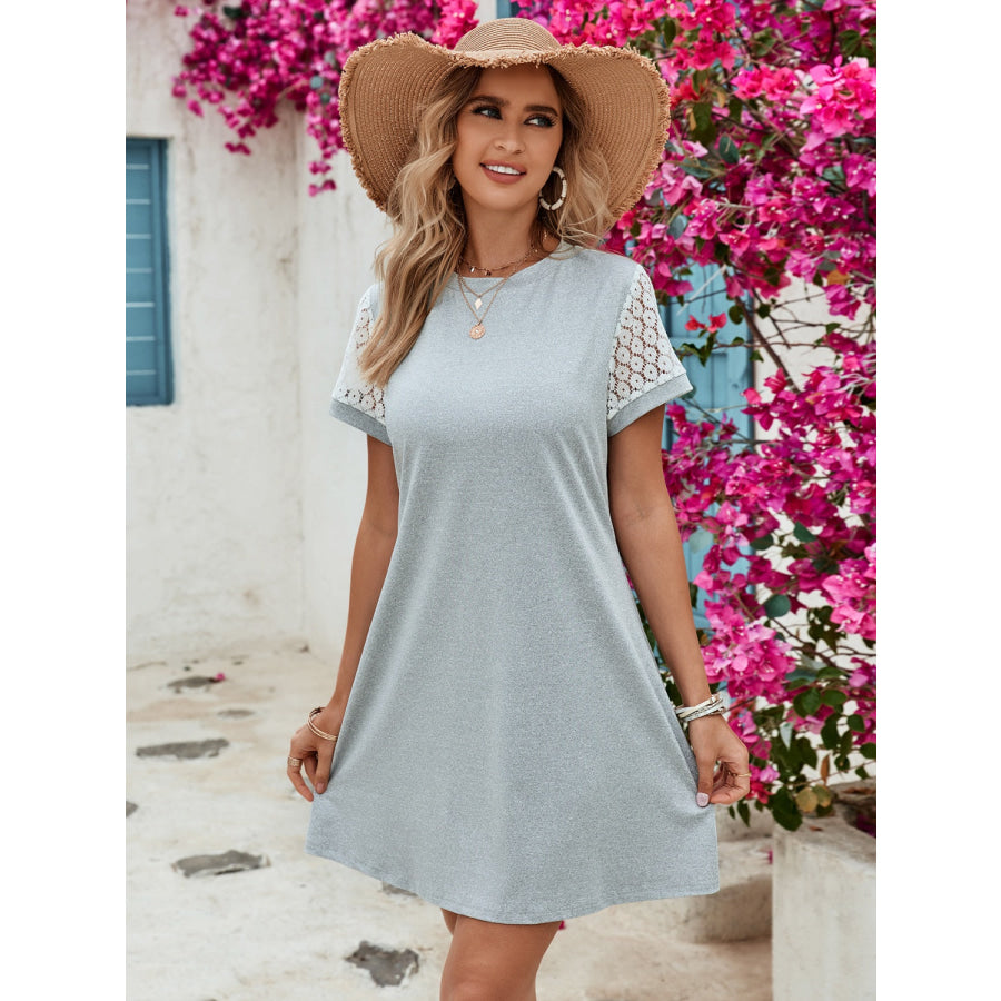 Openwork Round Neck Short Sleeve Dress Cloudy Blue / S Apparel and Accessories