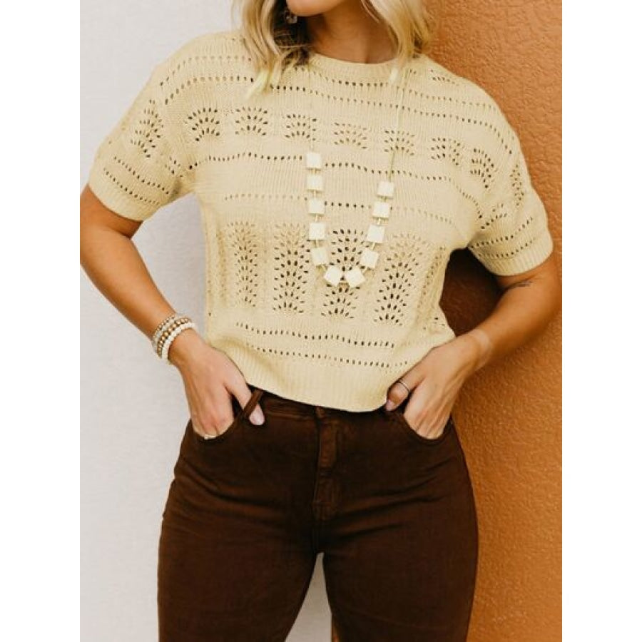 Openwork Round Neck Short Sleeve Sweater Pastel Yellow / S Clothing