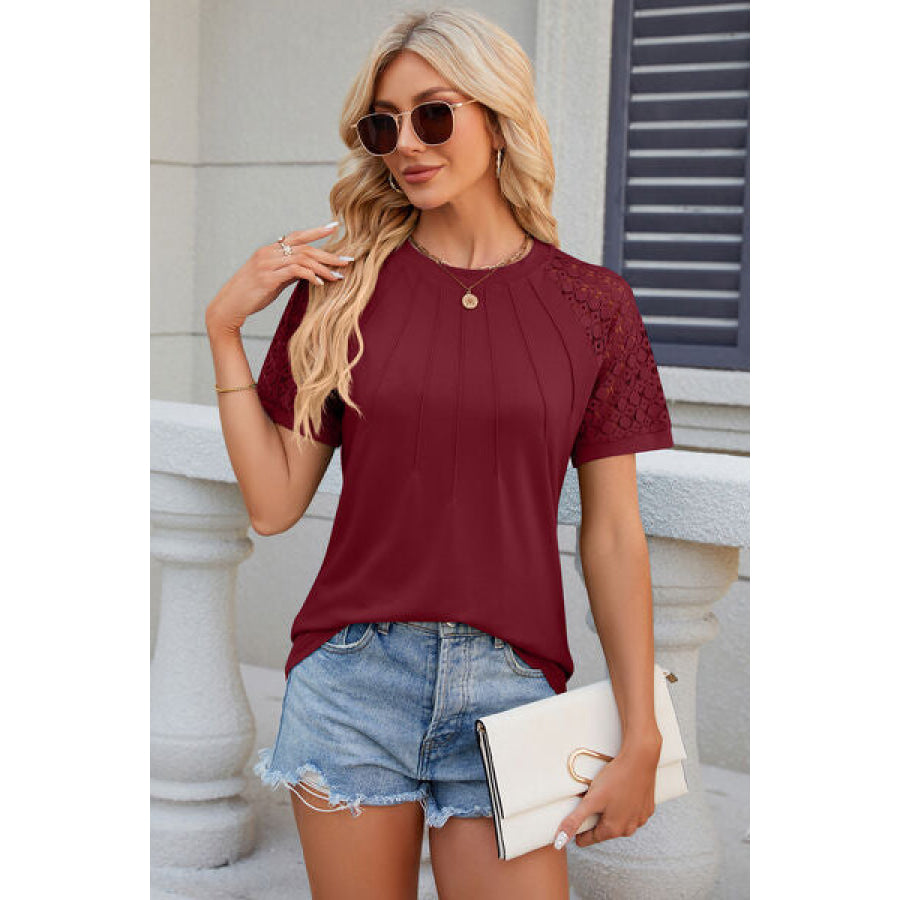 Openwork Round Neck Short Sleeve T - Shirt Apparel and Accessories