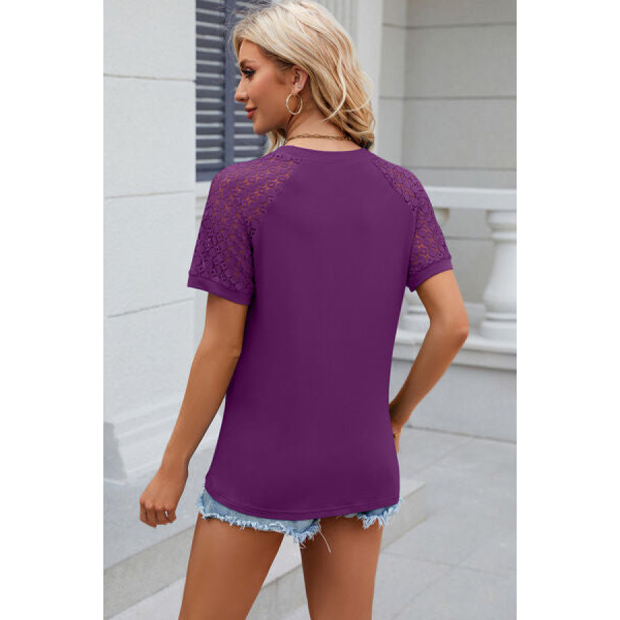 Openwork Round Neck Short Sleeve T - Shirt Apparel and Accessories