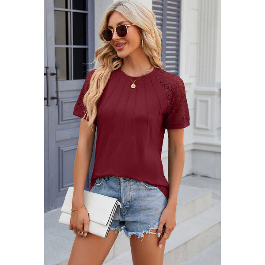 Openwork Round Neck Short Sleeve T - Shirt Apparel and Accessories