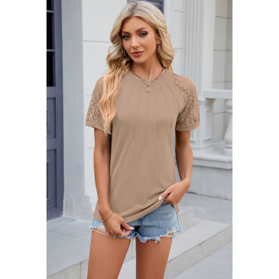 Openwork Round Neck Short Sleeve T - Shirt Apparel and Accessories