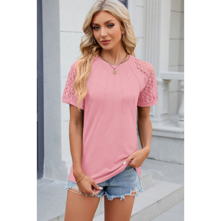Openwork Round Neck Short Sleeve T - Shirt Blush Pink / S Apparel and Accessories