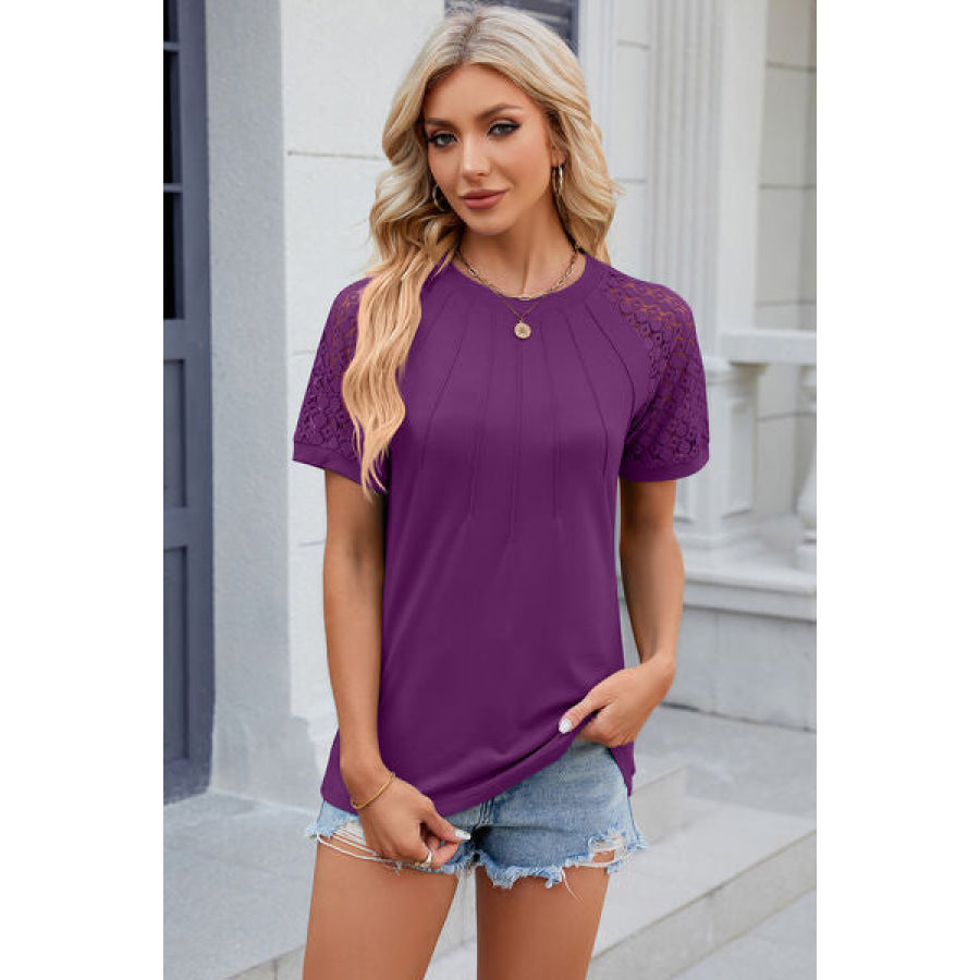 Openwork Round Neck Short Sleeve T - Shirt Fuchsia / S Apparel and Accessories