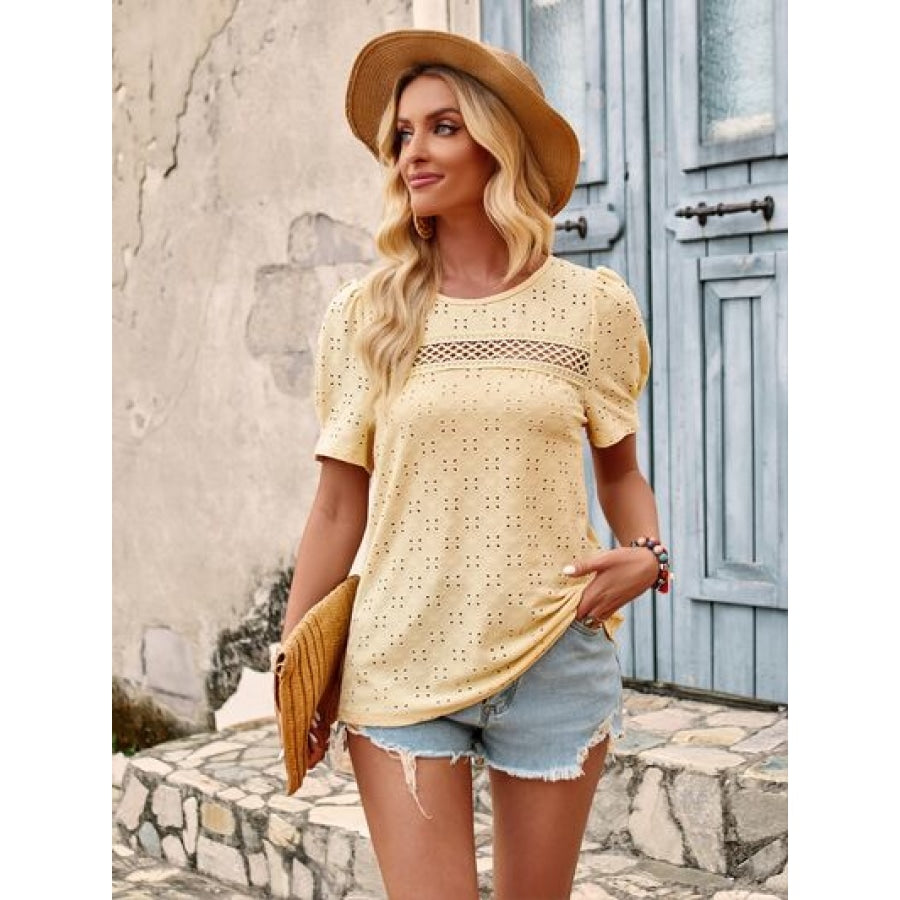 Openwork Round Neck Short Sleeve T-Shirt Pastel Yellow / S Clothing