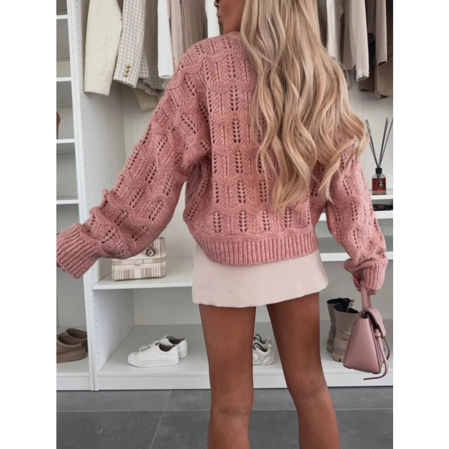 Openwork Round Neck Sweater Apparel and Accessories