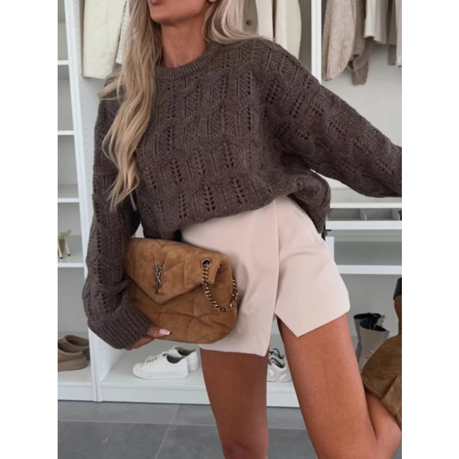 Openwork Round Neck Sweater Apparel and Accessories