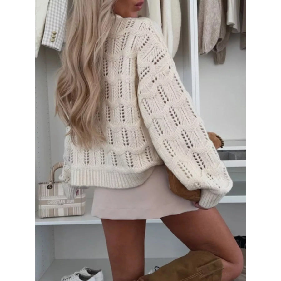 Openwork Round Neck Sweater Apparel and Accessories