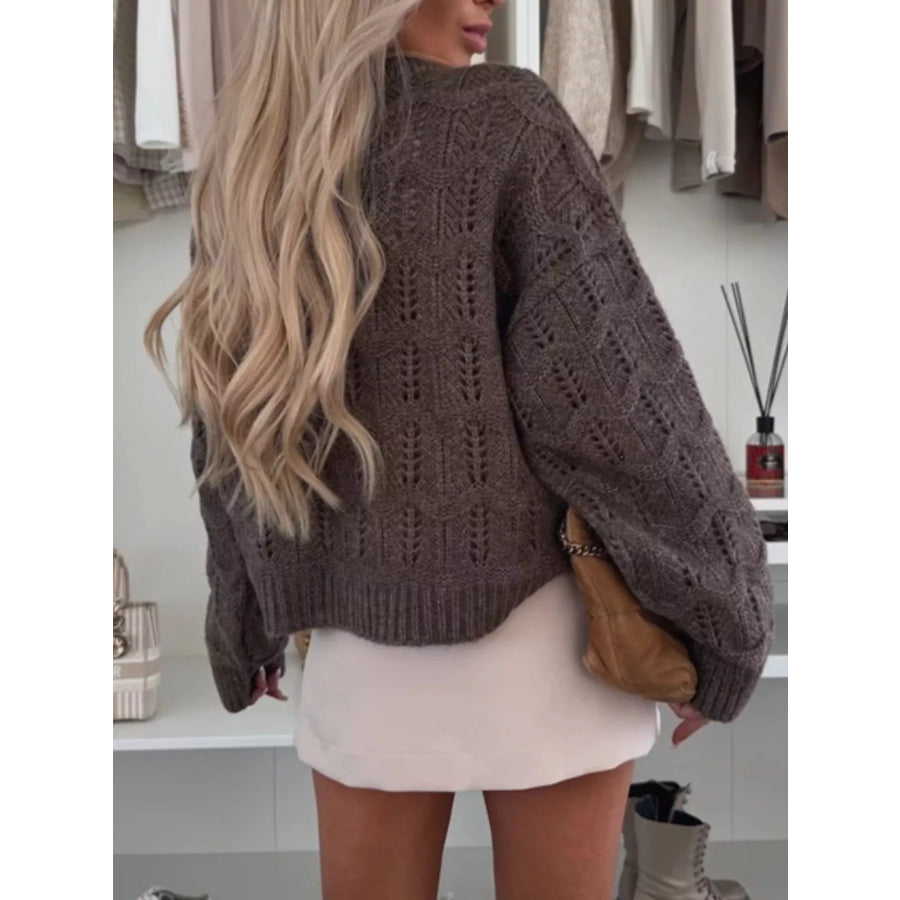 Openwork Round Neck Sweater Apparel and Accessories