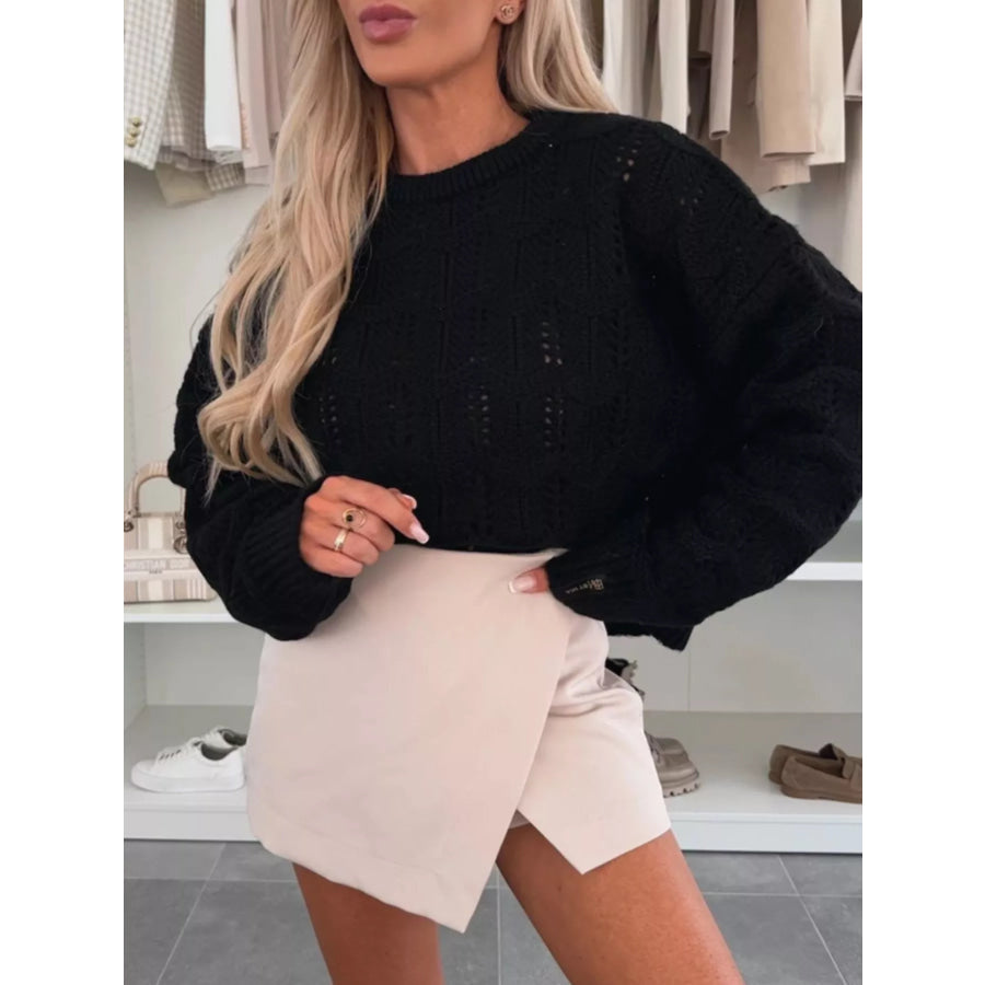 Openwork Round Neck Sweater Apparel and Accessories