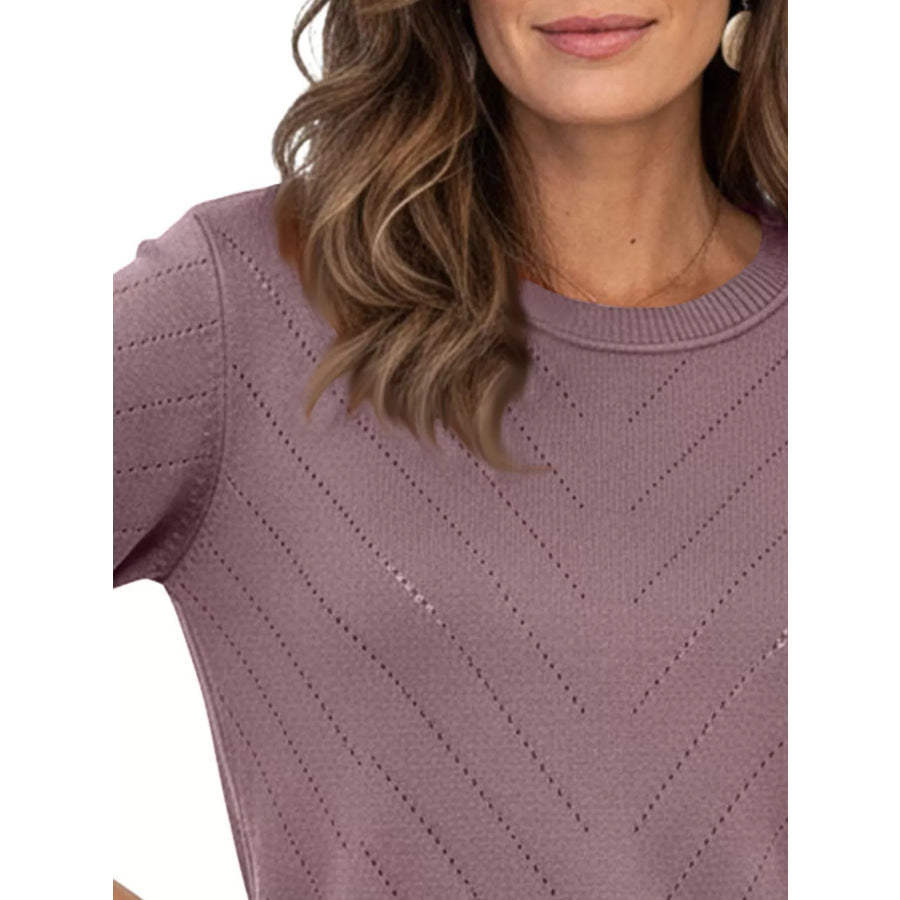 Openwork Round Neck Sweater Apparel and Accessories