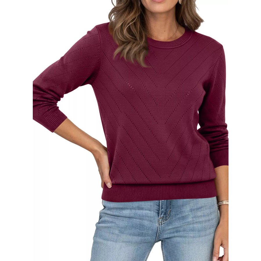 Openwork Round Neck Sweater Burgundy / S Apparel and Accessories