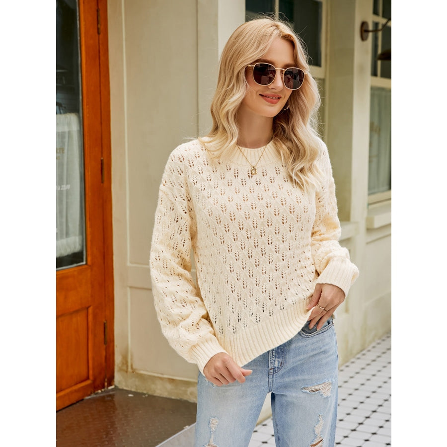 Openwork Round Neck Sweater Cream / S