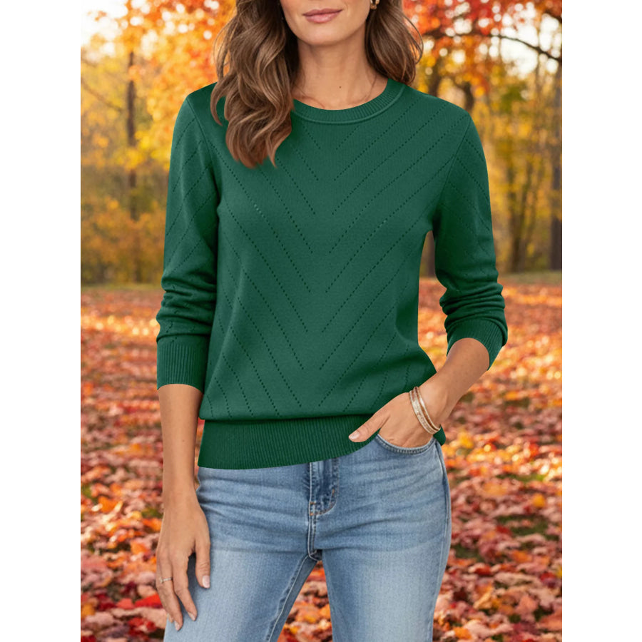 Openwork Round Neck Sweater Dark Green / S Apparel and Accessories