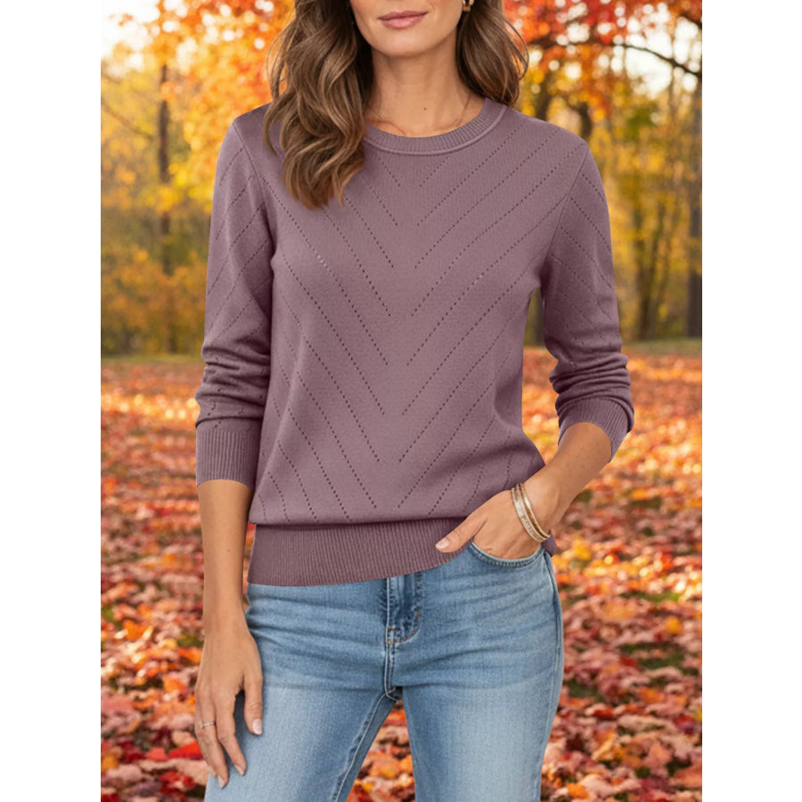 Openwork Round Neck Sweater Mauve / S Apparel and Accessories