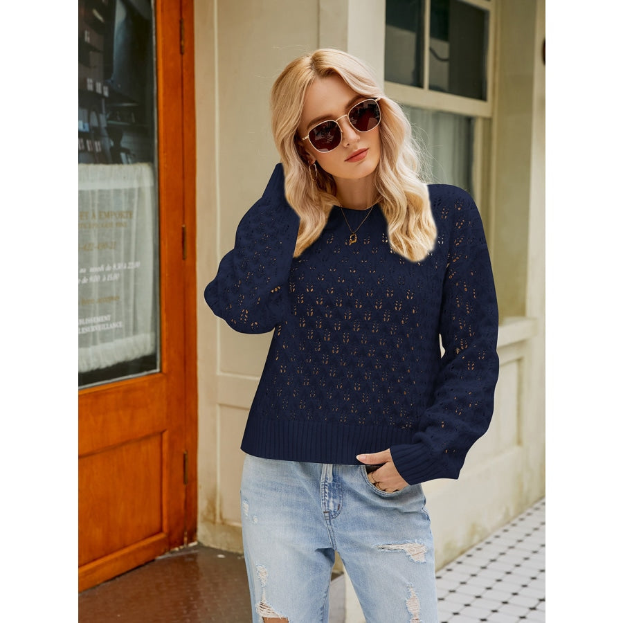 Openwork Round Neck Sweater Navy / S