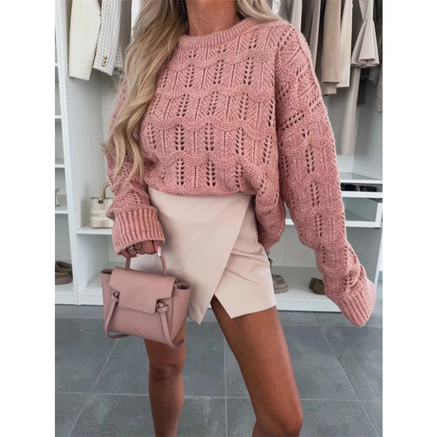 Openwork Round Neck Sweater Pink / S Apparel and Accessories